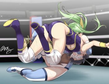 2girls catfight female hanabusa_(xztr3448) minami_toshimi sakurai_chisato thighs wrestle_angels wrestler wrestling wrestling_boots wrestling_outfit wrestling_ring wrestling_singlet wrestlingryona