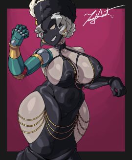 big_breasts black_dahlia black_dress breasts curvy_female curvy_figure female gilf huge_breasts milf skullgirls thick_thighs thighs white_hair zeusart