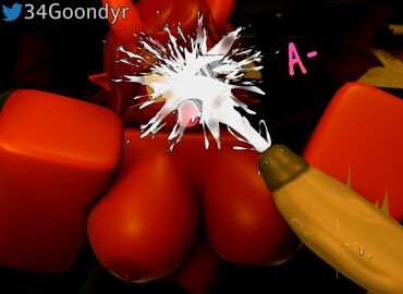 1boy 1girls 34goondyr 3d big_breasts breasts covered_in_cum cum_on_face cumshot demon demon_girl dim_lighting faceless_male female male red_body red_hair roblox robloxian self_upload surprised text