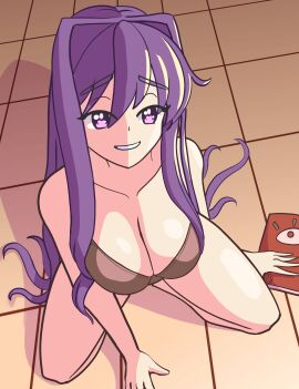 1girls bare_shoulders big_breasts book bra breasts cleavage doki_doki_literature_club female long_hair moritaris purple_eyes purple_hair solo yuri_(doki_doki_literature_club)