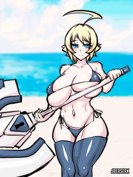 1girls ahoge areolae artist_name beach big_breasts bikini bikini_bottom bikini_top blazblue blonde_hair blue_eyes blush breasts bursting_breasts busty cleavage curvy es_(xblaze) female female_only hi_res holding_object holding_weapon huge_breasts inactive_account jberserk large_breasts large_sword looking_at_viewer outdoors side-tie_bikini solo swimsuit sword thighhighs thighs weapon xblaze