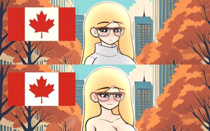 ai_background alternate_version_available autumn autumn_leaves bella_(what_if_animation) blonde_female blonde_hair blush breasts canada canada_(what_if_animation) canadian_female canadian_flag comparing cropped female flag looking_at_viewer national_personification nude original original_source_gone red_clothing red_coat twitter_source what_if_animation_(artist)