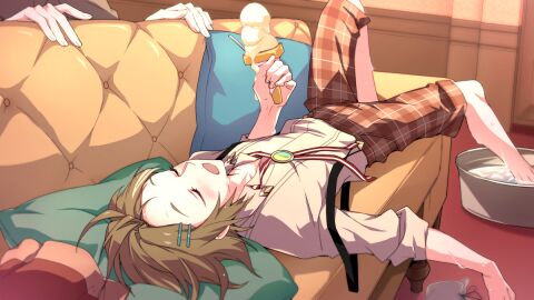 1femboy 2boys black_rose:_kotonoha_project_2nd_season blush closed_eyes couch femboy footbath ice_cream kotonoha_project maimai_(game) male nick_(kotonoha_project) official_art open_mouth owl_(kotonoha_project) performai sega shoes_removed sweat sweatdrop sweating twink