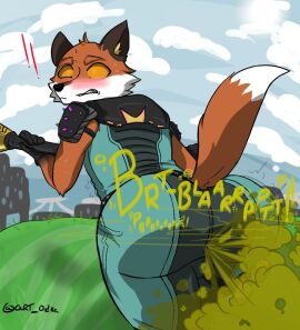 1boy 2d 2d_artwork accidental_fart anthro ass big_ass big_butt blush blushing building butt clouds club_(weapon) elbow_tuft embarrassed epic_games facial_tuft fart fart_cloud fart_fetish farting femboy fennix_(fortnite) fortnite fox fully_clothed furry furry_only gas gassy green_fart green_fart_cloud looking_back male male_fart melee_weapon odka onomatopoeia orange_eyes pants raised_tail rear_view shoulder_pads spandex stomach_noises suit surprised sweat sweating tail teeth thick_thighs tight_clothing video_games vulpine