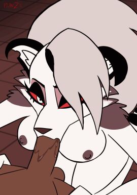 1boy 1girls :>= accurate_art_style animated anthro areolae balls big_breasts blowjob breasts dark-skinned_male dark_skin demon demon_girl fellatio female hellhound helluva_boss human jiggle jiggling_breasts looking_at_viewer looking_up loona_(helluva_boss) male male_human/female_anthro nipples nude nude_female nude_male penis planz34 thick_thighs wide_hips