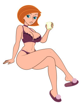 ann_possible blue_eyes breasts coffee_mug crossed_legs female kim_possible lingerie orange_hair originaltkw qos queen_of_spades spade_choker