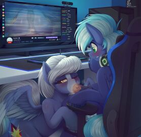 absurd_res animal_genitalia animal_penis anus ass big_ass big_butt blue_body blue_fur blue_hair bodily_fluids clitoral_winking clitoris computer computer_keyboard computer_monitor cutie_mark detailed_background electronics equid equine equine_genitalia equine_penis erection eyelashes fellatio female feral feral_on_feral fur gaming_chair genitals green_eyes grey_tail hair hasbro headgear headphones headset hi_res hooves horse male male/female mammal masturbation medial_ring my_little_pony mythological_creature mythological_equine mythology oral pegasus penile penis pony puffy_anus pussy pyroxtra sex sitting smile stream_chat streaming streaming_setup sweat sweatdrop tail vaginal_masturbation vaginal_penetration white_hair wings