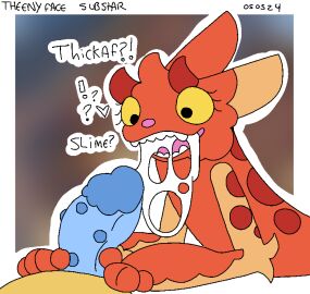 after_oral bodily_fluids cum dialogue excessive_cum excessive_genital_fluids female fur genital_fluids genitals herpestid horn male mammal marthra_(theenyface) meerkat open_mouth oral orange_body orange_fur penis spots teeth text theenyface thick_penis