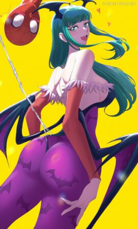 1boy 1girls ass big_ass big_breasts breasts capcom crossover darkstalkers eastern_and_western_character female female_focus green_eyes green_hair head_wings huge_ass large_ass large_breasts long_hair male marvel marvel_comics marvel_vs._capcom morrigan_aensland opalisart sideboob spider-man spider-man_(series) succubus upside-down upside_down wings