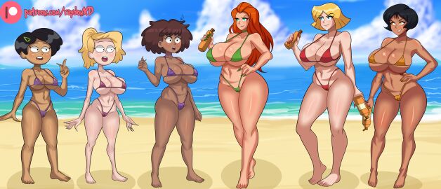 6girls alex_(totally_spies) amphibia anne_boonchuy anoneysnufftan beach bikini black_hair blonde_hair blue_eyes brown_hair clover_(totally_spies) confrontation crossover dark-skinned_female dark_skin defeated disney disney_channel green_eyes killer_lotion long_hair lotion lotion_bottle marcy_wu nail_polish orange_eyes orange_hair peril raydonxd sam_(totally_spies) sasha_waybright scared short_hair size_difference summer sunscreen swimsuit totally_spies