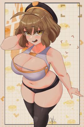 1girls anis_(nikke) big_breasts blush blushing breasts brown-haired_male brown_hair clothed clothed_female exposed_midriff female female_focus female_only goddess_of_victory:_nikke light-skinned_male light_skin male midriff ouchihitme revealing_clothes short_shorts shorts solo solo_female solo_focus thighs