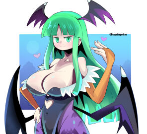 aqua_eyes aqua_hair big_breasts breasts capcom cleavage darkstalkers demon dorago_dorago dragodragodran female huge_breasts large_breasts long_hair looking_at_viewer milf morrigan_aensland skimpy_clothes smile solo succubus tagme wings