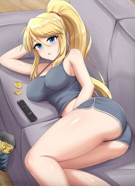 1girls 2d 2d_(artwork) :o alternate_costume ass ass_focus bare_shoulders beauty_mark beauty_mark_under_mouth big_breasts blonde_hair blue_eyes blush blush_lines boobs_and_butt_pose breasts busty camisole canadiananiguy chips_(food) couch curvaceous curvy curvy_female curvy_figure cute dolphin_shorts elbow_rest female female_focus female_only food grey_clothing grey_shorts large_breasts laying_down laying_on_couch laying_on_side light-skinned_female light_skin long_hair lying lying_down lying_on_couch lying_on_side mature mature_female metroid metroid_prime metroid_prime_4:_beyond milf mole mole_under_mouth nintendo nipple_bulge nipples nipples_visible_through_clothing ponytail remote remote_control samus_aran short_shorts shorts solo solo_female solo_focus tagme tank_top thick_thighs thighs tied_hair tv_remote voluptuous voluptuous_female