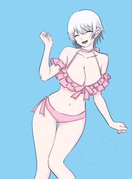 big_breasts bikini blue_background breasts canon_genderswap cleavage female genderswap genderswap_(mtf) ginko_sakata gintama gintoki_sakata hourglass_figure kayeo_0614 light-skinned_female light_skin pale-skinned_female pale_skin pink_bikini rule_63 short_hair smile swimsuit thigh_gap white_hair wide_hips