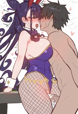 1boy 1girls after_kiss animal_ears anonymous_male black_gloves black_hair blue_bow blue_bowtie blue_leotard blush bow bowtie breasts bunnysuit cleavage closed_eyes clothed_sex clothing_aside cone_hair_bun covered_navel cum cum_in_pussy cum_inside detached_collar double_bun ebora eyes_closed fake_animal_ears fate/grand_order fate_(series) female fishnets fujimaru_ritsuka_(male) gloves hair_bun half_gloves highres human human_only kissing kissing_while_penetrated large_breasts leotard leotard_aside light-skinned_female long_hair male murasaki_shikibu_(fate) muscular muscular_male open_mouth penis playboy_bunny pussy rabbit_ears saliva_trail sex short_hair sideboob slim_waist standing standing_missionary standing_sex straight tongue tongue_out torn_clothes torn_pantyhose unseen_male_face vaginal_penetration very_long_hair white_wrist_cuffs wrist_cuffs youngmanisdown