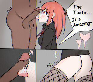 1boy comic_page cum_on_face cum_on_tongue eating_cum fappycatt female fishnets male pussy red_eyes red_hair school_uniform thighhighs wet_pussy