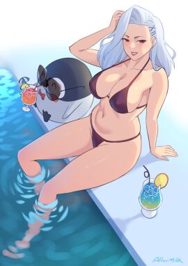 1girls 2024 allurmilk artist_name artist_signature beverage big_breasts bikini bikini_bottom bikini_top bottomwear breasts cleavage clothed clothing curvaceous curvy curvy_figure drink ear_piercing earrings eyelashes female female_focus female_only hairclip half-closed_eyes high-angle_view large_breasts light-skinned_female light_skin lipstick long_hair looking_at_viewer mostly_nude nipple_bulge original original_character penguin png pool poolside red_eyes shiny_skin sitting skindentation smile smiling smiling_at_viewer solo solo_focus thick_thighs topwear water white_hair wide_hips zheng