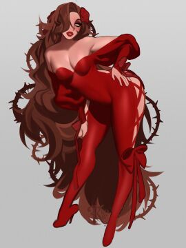 1boy artist_request bodysuit brown-haired_male brown_hair brunette_hair eros_(krow07) femboy femboy_only feminine_male heel_boots high_heels krow07 light-skinned_male light_skin lipstick long_hair male no_pupils original original_character really_long_hair red_bodysuit red_lipstick solo solo_male thorns white_eyes