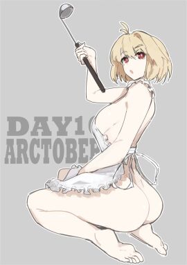 1girls alternate_costume apron apron_only arcueid_brunestud ass barefoot big_ass big_breasts blonde_hair breasts bubble_ass bubble_butt curvy curvy_figure feet female huge_ass jonyeld kitchen_utensils looking_at_viewer melty_blood naked_apron nude nude_female posing red_eyes sitting smile tagme thick_ass thick_thighs tsukihime type-moon wide_hips