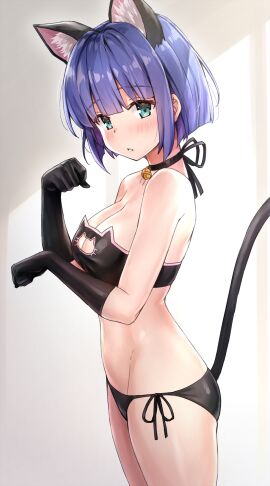 1girls absurdres animal_ear_fluff animal_ears bare_shoulders bell black_bra black_gloves black_lingerie black_panties blunt_bangs bra breasts cat_cutout cat_day cat_lingerie cat_tail cleavage clothing_cutout commentary cowboy_shot eyelashes fake_animal_ears fake_tail female gloves green_eyes highres izumi_hina_(neet_kunoichi) kemonomimi_mode kotatsu_(kotatsu358) koyuki_(kotatsu358) light-skinned_female light_skin lingerie looking_at_viewer medium_breasts meme_attire neck_bell neet_de_otaku_na_kunoichi_to_naze_ka_dousei_hajimemashita nekomimi panties parted_lips paw_pose petite purple_hair short_hair side-tie_panties solo strapless strapless_bra tail underwear