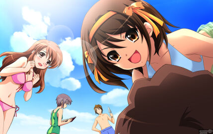 2boys 3girls asahina_mikuru bikini breasts day edit everyone female game_cg koizumi_itsuki kyon male multiple_boys multiple_females multiple_girls multiple_males nagato_yuki official_art one-piece_swimsuit photoshop_(medium) side-tie_bikini_bottom small_breasts sos_brigade suzumiya_haruhi suzumiya_haruhi_no_yuuutsu swimsuit