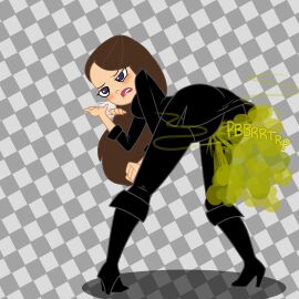 ass black_boots black_clothing black_legwear black_skirt blue_eyes blush brown_hair disney embarrassed_female fart fart_cloud fart_fetish farting female phineas_and_ferb thomzone vanessa_doofenshmirtz violet_lipstick