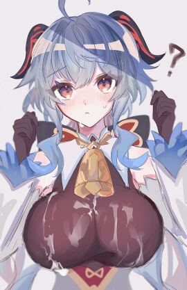 76yomo ? ahoge bare_shoulders bell blue_hair blush breasts cum cum_on_body cum_on_breasts cum_on_clothes detached_sleeves female ganyu_(genshin_impact) genshin_impact highres horns large_breasts long_hair looking_at_viewer neck_bell purple_eyes sidelocks solo sweatdrop upper_body white_sleeves