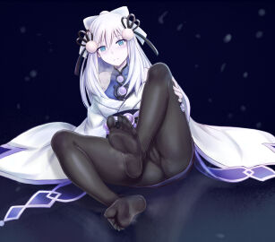 black_background black_pantyhose blue_eyes blush cameltoe colored_skin dress duel_monster feet female foot_fetish highres japanese_clothes kimono koorino legs long_hair looking_at_viewer no_shoes pale_skin pantyhose pussy sitting snow soles steam toes white_dress white_hair white_skin yu-gi-oh! yuki-onna_the_ice_mayakashi yuki_onna