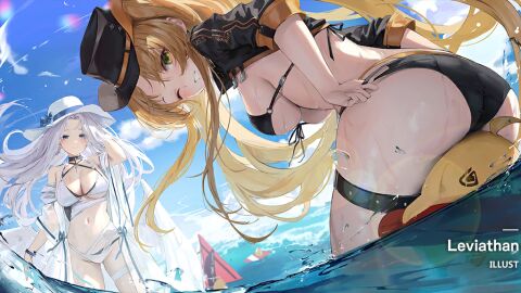 2girls ass azur_lane bare_shoulders bikini bird black_bikini blonde_hair blue_eyes blue_sky blush breasts cg chick choker cleavage cloud copyright_name day female front-tie_top green_eyes grin hat hornet_(azur_lane) hornet_ii_(azur_lane) jacket large_breasts long_hair looking_at_viewer looking_back manjuu_(azur_lane) multiple_females multiple_girls navel ocean official_alternate_costume official_art one_eye_closed outdoors parted_lips sky smile standing stomach sun_hat swimsuit thigh_strap thighs twintails very_long_hair wading water wet white_bikini white_hair white_headwear yorktown_(azur_lane) yorktown_ii_(azur_lane)
