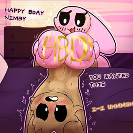 1boy 1girls bed big_breasts birthday blush breasts dialogue female indoors inverted_nipples large_breasts male marshmallow_(oxyoxyoxyox) moaning nervous_expression nimby_(neo) nude nude_female nude_male oxyoxyoxyox paizuri tagme titjob upside_down