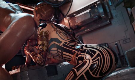 1boy 1girls 3d 3d_(artwork) ass bending_forward big_butt blender body_markings body_tattoo breasts dark-skinned_male dark_skin female handjob indoors interracial jack_(mass_effect) licking_ass light-skinned_female light_skin male mass_effect nude penis rimjob rimming rimming_male sfmlover22 shaved_head tattoo testicles uncensored very_short_hair
