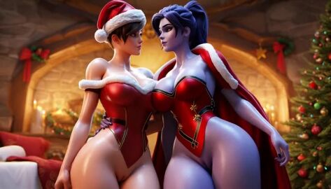 2girls 3d ai_generated amelie_lacroix big_ass big_breasts blue-skinned_female blue_eyeshadow blue_hair blue_skin blue_skinned_female brown_eyes brown_eyes_female brown_hair christmas christmas_outfit lena_oxton overwatch overwatch_2 ravenomega sexy_body sexy_woman tagme tracer two_females two_women video video_game widowmaker yuri
