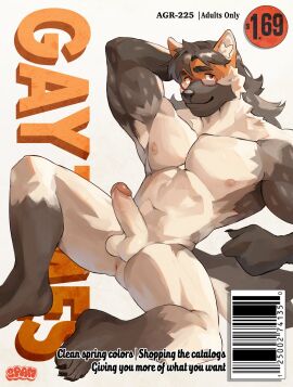 2023 anthro anthro_only balls bara big_balls big_penis black_body black_fur canid canine canis cover erection eyewear eyewear_on_head fur genitals glans glasses glasses_on_head hand_behind_head hi_res humanoid_genitalia humanoid_penis looking_at_viewer magazine_cover male mammal muscular muscular_anthro muscular_male nude nude_anthro nude_male orange_body orange_fur penis solo spamzilla vein veiny_penis white_body white_fur wolf yaoi