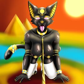 1girls all_fours anthro bald bald_female big_breasts black_fur boobs_out breasts breasts_out cat_ears cat_tail catgirl desert diamond diamond_(gem) diamonds egyptian egyptian_clothing egyptian_female egyptian_mythology fangs feline feline_ears feline_humanoid feline_tail front_view furry furry_female furry_only gold_(metal) gold_bikini gold_bracelet gold_bracelets gold_jewelry gold_necklace gold_nipples golden_bikini golden_neckwear golden_nipples golden_panties hanging_boobs hanging_breasts heart-shaped_pupils heart_eyes horny horny_female joey_wolf nipples nipples_out oc orange_sky original_character pet pet_collar pet_pose pink_eyes pink_tongue pyramid sand sun sunset tongue tongue_out white_legwear white_stockings white_thighhighs yellow_eyelashes yellow_eyeshadow yellow_nail_polish yellow_nails yellow_nipples yellow_nose