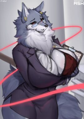 1girls 2024 2d 2d_(artwork) anthro anthro_only big_breasts big_thighs bra breasts chest_tuft cleavage clipboard clothed clothing ear_piercing earrings exposing_chest female female_focus female_only fur furry furry_only glasses grey_body grey_fur hi_res highres hips jewelry large_breasts mammal milf ms._ash_(character) office_lady red_eyes removing_clothing scar scar_across_nose scar_on_nose silviaxrk smile smiling solo solo_female solo_focus tail thick_tail thick_thighs thighs tuft wide_hips wolf wolf_ears wolf_girl