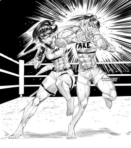 2girls abs athletic athletic_female attack barefoot belly_button black_hair boxing boxing_gloves boxing_ring breasts calf_muscles catfight deesekai feet female fit fit_female ishido_natsuo martial_master_asumi mma monochrome muscles muscular muscular_arms muscular_female muscular_legs muscular_thighs nao_okiba navel ponytail punch punching punching_face rivalry rivals ryona small_breasts sports_bra sports_shorts teppuu