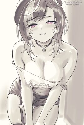 choker exposed_shoulders flowglow hololive hololive_dev_is hololive_flow_glow large_breasts leaning_forward nipple_slip partially_colored pink_eyes rindo_chihaya strap_slip sunset_skyline sunsetskyline thick_thighs virtual_youtuber