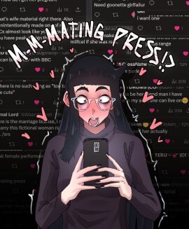 1girls 2024 2d_(artwork) artist_self-insert black-eyed_female black-haired_female black_eyes black_hair black_phone black_sweater black_topwear blush blushing_female blushing_profusely deep_blush embarrassed embarrassed_female eyebags eyewear female femcel full_face_blush girl_failure girlfailure glasses glasses_on_face goonette goth goth_girl heart hearts_around_head hi_res hime_cut japanese_female june june_(month) light-skinned_female light_skin long-haired_female long_hair looking_at_phone looking_at_smartphone mating_press_(phrase) nerdy nerdy_female oni_(softshikioni) open_mouth original original_character pale-skin pale-skinned_female pale_skin phone pink_heart pink_hearts red_heart red_hearts self-insert self_insert smartphone softshikioni stuttering surprised surprised_expression surprised_look sweater text topwear transparent_glasses tremble_spikes trembling tweet wearing_eyewear wearing_glasses white_eyewear white_glasses