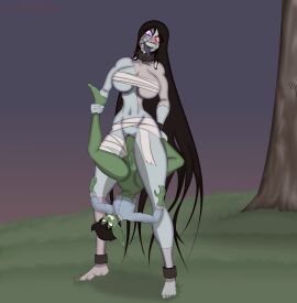 1boy 1girls amazon_position background balls bandage barefoot big_breasts big_ears big_penis black_hair breasts brown_eyes collar crazy_eyes dominant_female erection female goblin goblin_male grabbing_ankles green_skin heterochromia kawaiiredpandas larger_female long_hair male outdoors patchwork_skin penis pointy_ears purple_eye purple_tongue pussy red_eye shackles size_difference small_but_hung smaller_male smile tongue tongue_out torn_clothes undead vaginal_penetration zombie