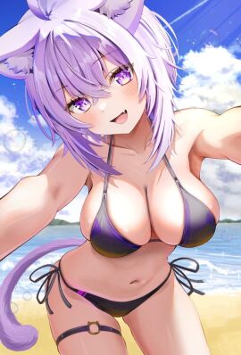1girls beach bikini blush breasts cat_ears cat_girl cat_tail fangs female hololive hololive_gamers hololive_japan neko neko_tail nekomata_okayu nekomimi oerba_yun_fang oppai purple_eyes purple_hair sand shoulder_length_hair solo torakichi_888 virtual_youtuber