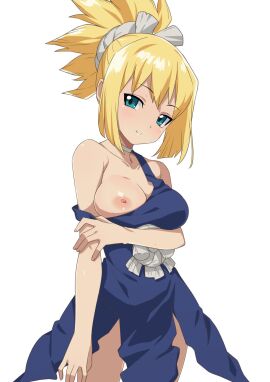 blonde-haired_female blonde_hair blue_eyes blush breasts dr.stone dress_pull female female_focus hair_up kohaku_(dr.stone) large_breasts long_hair morisobo one_breast_out smile undressing white_background