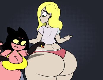 2girls animated anthro ass belly billie_(burgerkurger) black_hair blonde_hair bottomless bottomless_female bouncing_ass bouncing_butt breasts burgerkurger candi_(burgerkurger) cleavage fat female female_focus female_only furry green_eyes high_five hips jiggling_ass large_breasts overweight overweight_female party_trick raccoon raccoon_girl raccoon_humanoid red_fur stomach tank_top thick_thighs thighs underwear wide_hips yellow_sclera
