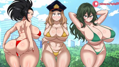 3girls armpits ass big_ass big_breasts big_thighs bikini black-haired_female black_hair blonde-haired_female blonde_hair breasts busty camie_utsushimi child_bearing_hips cleavage female female_focus female_only gigantic_ass gigantic_breasts gigantic_thighs green-haired_female green_hair hat huge_ass huge_breasts huge_thighs long_hair looking_at_viewer momo_yaoyorozu my_hero_academia navel raydonxd shiketsu_high_school_cap smile tagme thick_hips thick_thighs thighs tokage_setsuna voluptuous