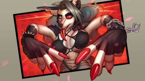 1girls 2024 anthro black_fur breasts canine chains collar demon demon_girl digital_media_(artwork) dynamic_pose ear_piercing earrings female female_only fur furry furry_only grey_body helluva_boss long_hair looking_at_viewer loona_(helluva_boss) nails nails_painted red_nails red_sclera scarlet_side solo spiked_collar spikes tail tongue tongue_out underwear white_eyes wolf