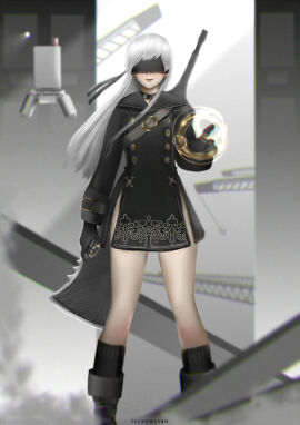 black_blindfold black_boots blindfold boots female genderbent genderswap_(mtf) knee_high_socks nier:_automata rule_63 tecnomayro white_hair yorha_9s