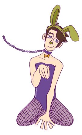 brown_hair bunny_ears bunny_nose bunny_pose bunny_suit bunnysuit chain_leash chained chained_collar chained_up chains colored colored_line_art fanart fishnet fishnet_legwear fishnet_stockings fishnets five_nights_at_freddy's fnaf grey_eyes kneeling looking_at_viewer looking_up male male_only mesh_clothing no_shading purple_guy purple_guy_(fnaf) purple_suit rabbit_pose raised_hand sitting sitting_on_knees solo springtrap springtrap_(fnaf) william_afton