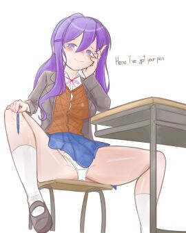 doki_doki_literature_club emiillb female flashing flashing_panties legs_apart legs_spread looking_at_viewer panties skirt_lift skirt_up upskirt yuri_(doki_doki_literature_club)