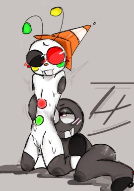 armless behind_another blush blushing_female blushing_male breasts cartoony dandy's_world fan_characters female genital_fluids genitals grey_background hat laying laying_down male naked naked_male nervous no_arms no_breasts no_tits non-human nude nude_female on_ground one_female one_man original pussy roller_skates rubbing shaking shoes_on sitting_on_knees stylized sweating uncensored