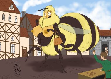 absurd_res antennae_(anatomy) anthro arthropod baghikat bee belly big_belly big_breasts breasts clothing detailed_background digestion digestion_noises duo female fur hi_res huge_breasts human hymenopteran insects male mammal medieval mythological_creature mythology nipples taur thorax vore wings yellow_body