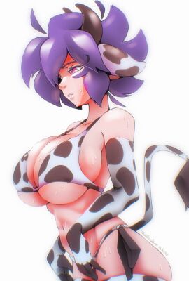 1girls 2024 ass big_breasts bikini blue_hair breasts cow_ears cow_horns cow_print cow_print_armwear cow_print_bikini cow_print_thighhighs cow_tail demon emi_(twistedgrim) female original succubus succubus_horns sweat tagme tail thick_thighs twistedgrim